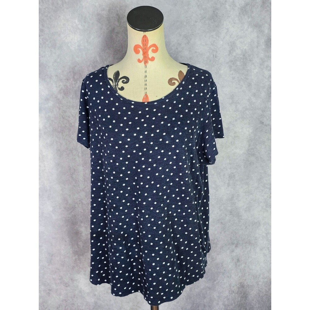 Crown & Ivy Navy Blue White Polka Dot Short Sleeve Top Tee 100% Cotton Women XXL